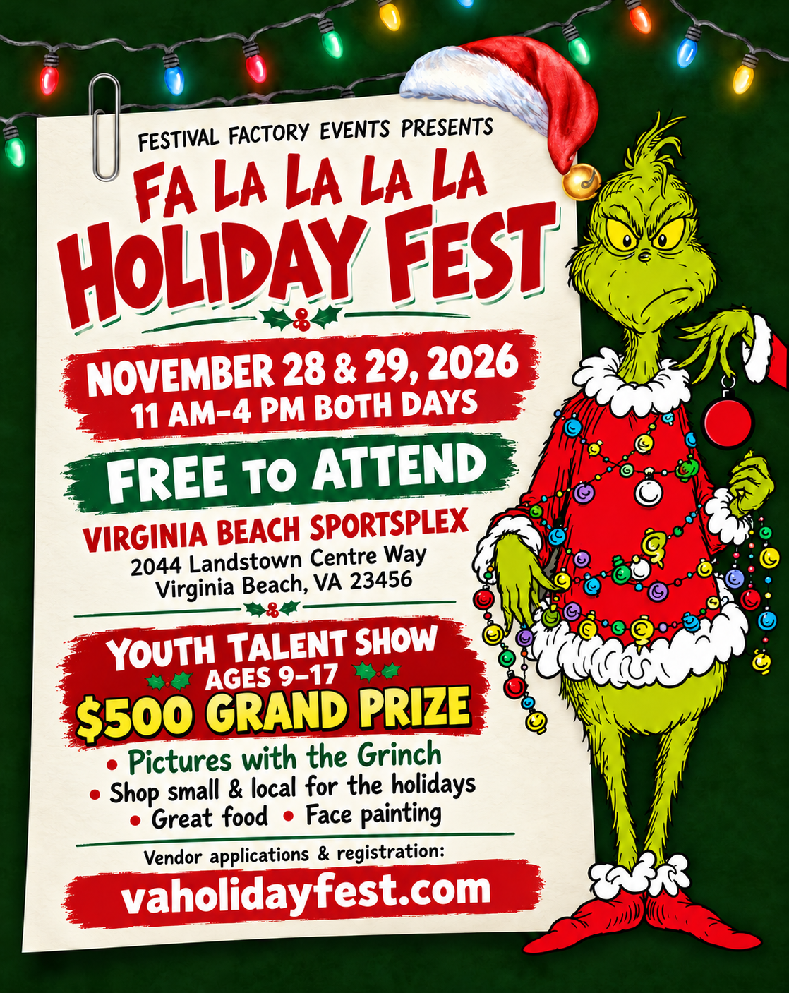Fa La La La La Holiday Fest flier showing the date, time, venue, youth talent show prize, and activities